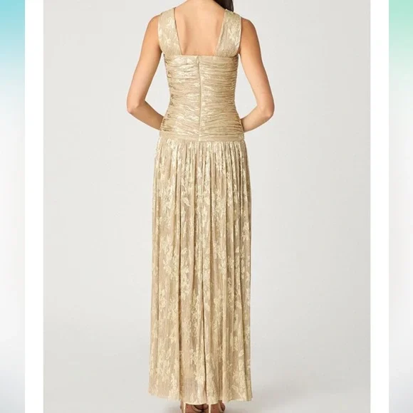Shoshanna Women's Gold Foil Pleated Chiffon Lora Dress Size 6 - Picture 2 of 5